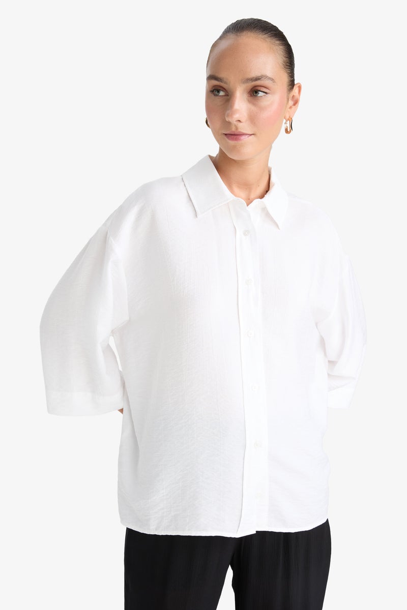 DeFacto White Woman Oversize Shirt Collar Crinkle Fabric Shirt Casual - Image 4